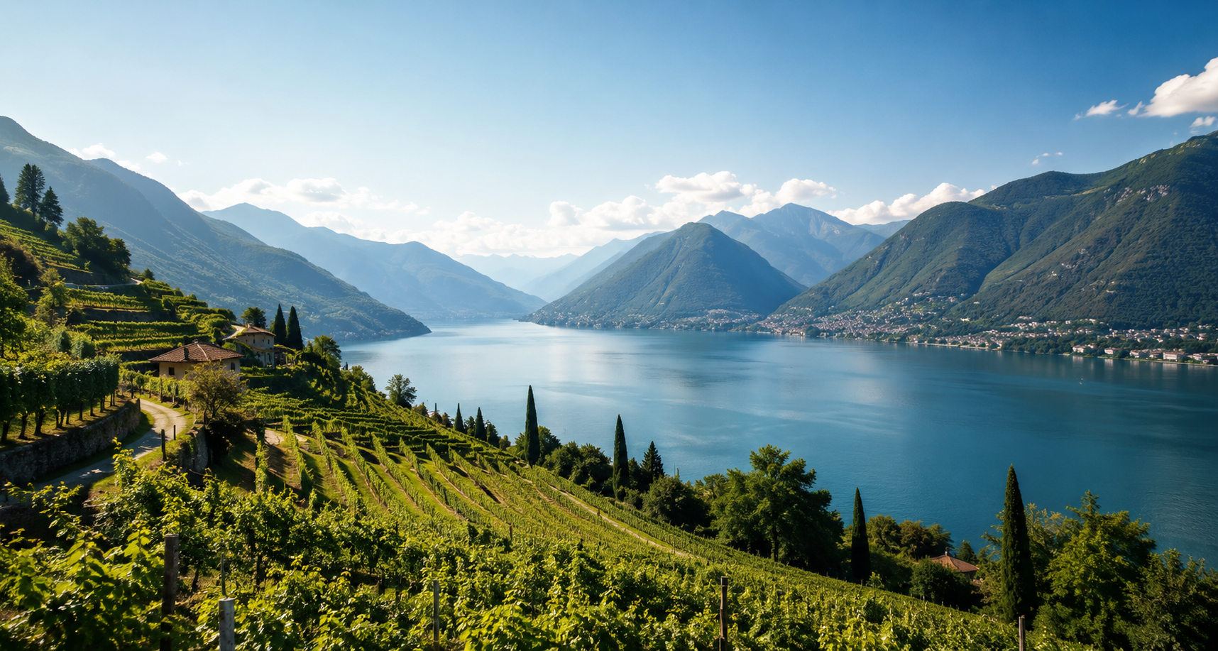 Vista soleggiata del Ticino — vigneti, lago e montagne