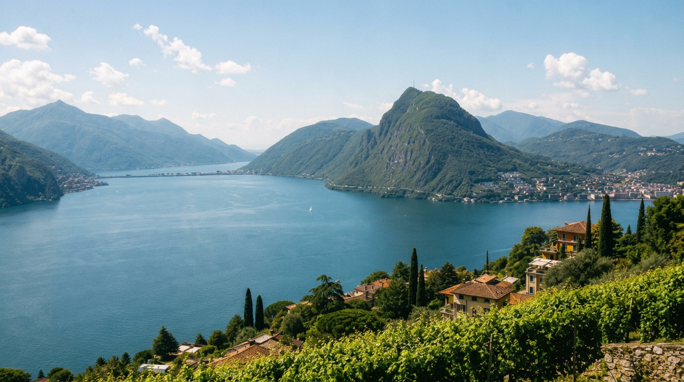 Paesaggio luminoso del Ticino — lago e montagne in piena luce solare
